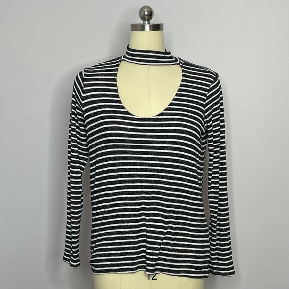 Calvin Klein Jeans Striped Cut-Out Mock Neck Top M - Picture 2 of 9